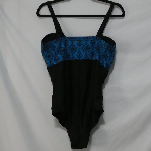 Unbranded | P2P 17.5 inches measured | Blue Patterned Black One Piece Swimsuit - Picture 2 of 14